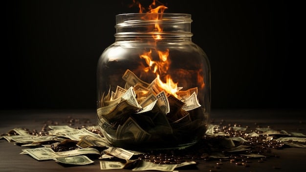A hand inserting cash into a clear savings jar labeled 