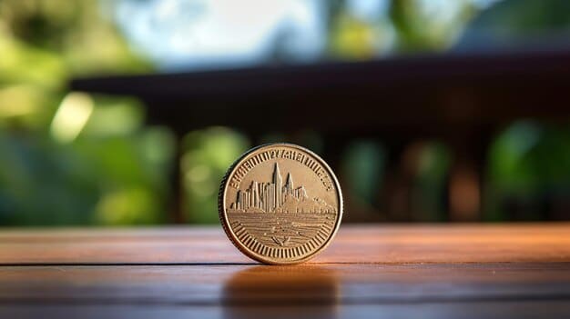 A close-up shot of an Australian dollar coin resting on a graph showing upward growth, with miniature buildings and trees in the background symbolising property and environmental investments.