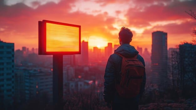 A person holding a sign that sais 'Invest Today' in front of a city skyline at sunset.