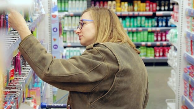 A person comparing the price tags of two similar products on a supermarket shelf, one a name brand and the other a generic brand. The focus is on the price difference and the consumer's decision-making process.