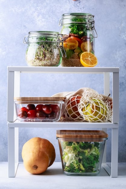 An organised refrigerator with clearly labelled containers and various food items neatly arranged. The image highlights the importance of proper food storage to minimise waste.