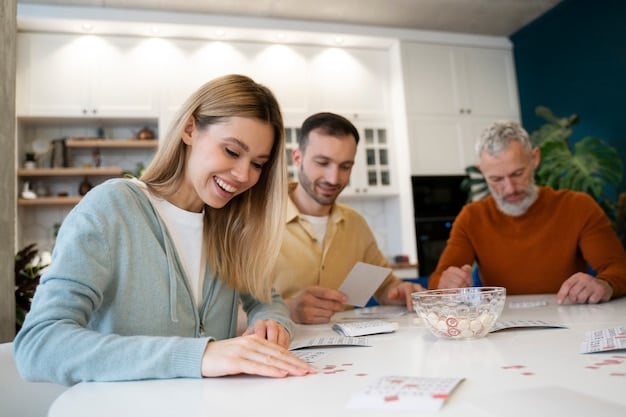 An Australian family sitting at a table, reviewing their budget and savings plan. They are pointing at a calendar showing different savings milestones.