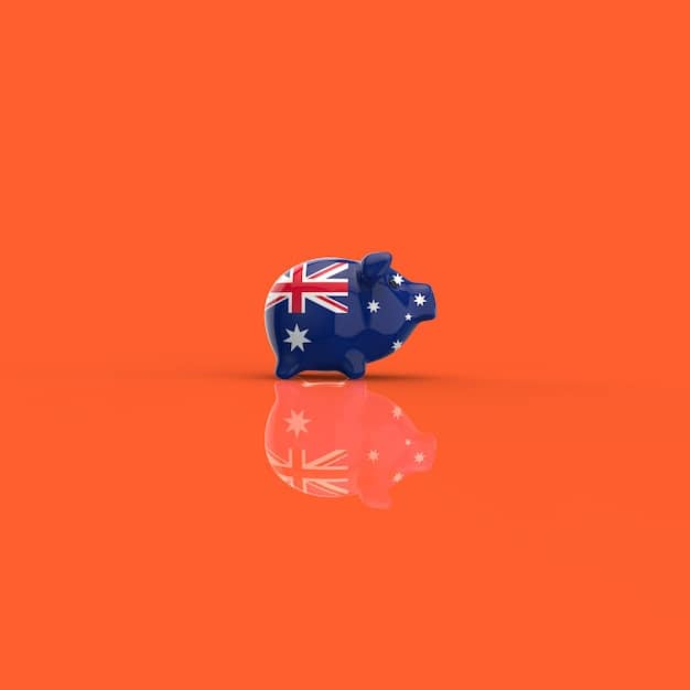 An Australian flag overlaid on a piggy bank, symbolising saving money in Australia. The scene is bright and optimistic, suggesting financial security.