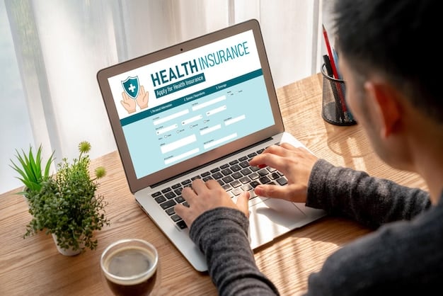 A close-up of a health insurance comparison website on a laptop screen. Various health insurance plans with different coverage options and monthly premiums are displayed. A cursor hovers over a 