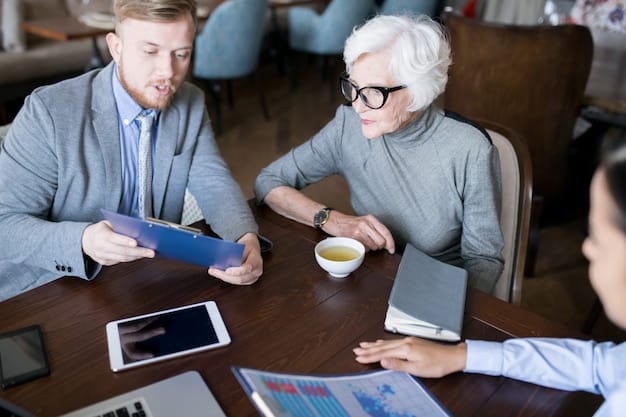A financial advisor meeting with a couple, discussing their retirement investment portfolio. The scene highlights the importance of professional guidance and personalized financial planning for a secure retirement.