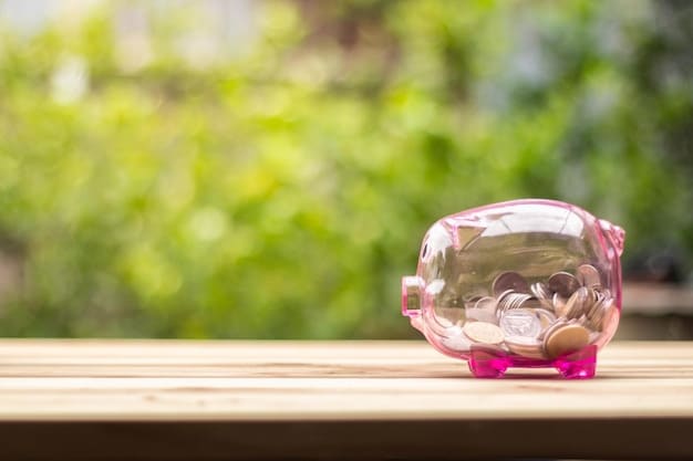 A piggy bank set on a table, slightly out of focus, with a couple blurred in the background, emphasizing the focus on savings and financial planning.