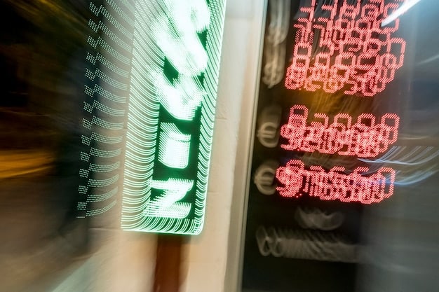 A detailed close-up of an electronic stock ticker displaying rapidly changing stock prices and company codes. The background is blurred, emphasising the fast-paced nature of the stock market.